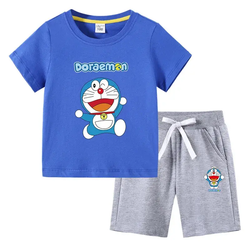 Doraemon  Children's T-Shirt Shorts Summer girl boy New Short Sleeve Cotton Children's Short Sleeve Medium Pant Suit