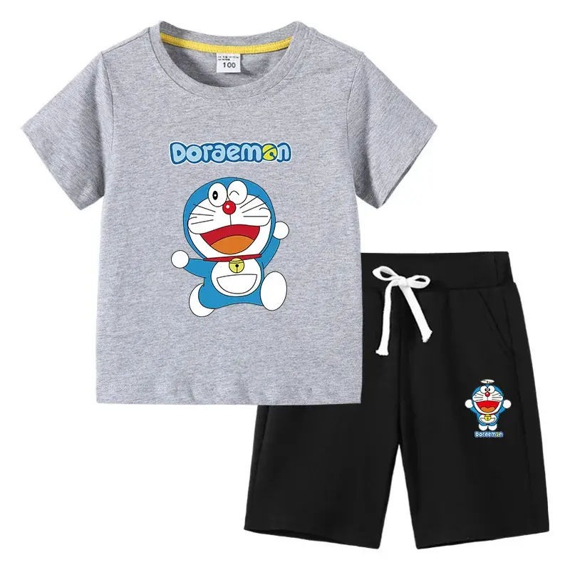 Doraemon  Children's T-Shirt Shorts Summer girl boy New Short Sleeve Cotton Children's Short Sleeve Medium Pant Suit