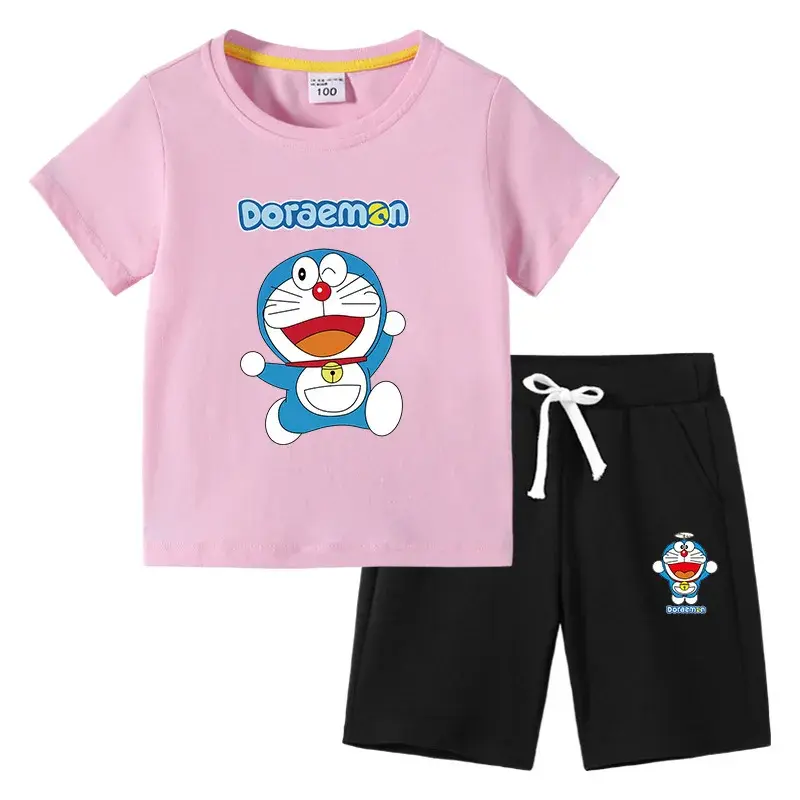 Doraemon  Children's T-Shirt Shorts Summer girl boy New Short Sleeve Cotton Children's Short Sleeve Medium Pant Suit
