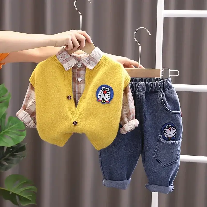 Doraemon Boys Children's Sets spring autumn clothes cartoon jacket children baby plaid shirt three-piece suit