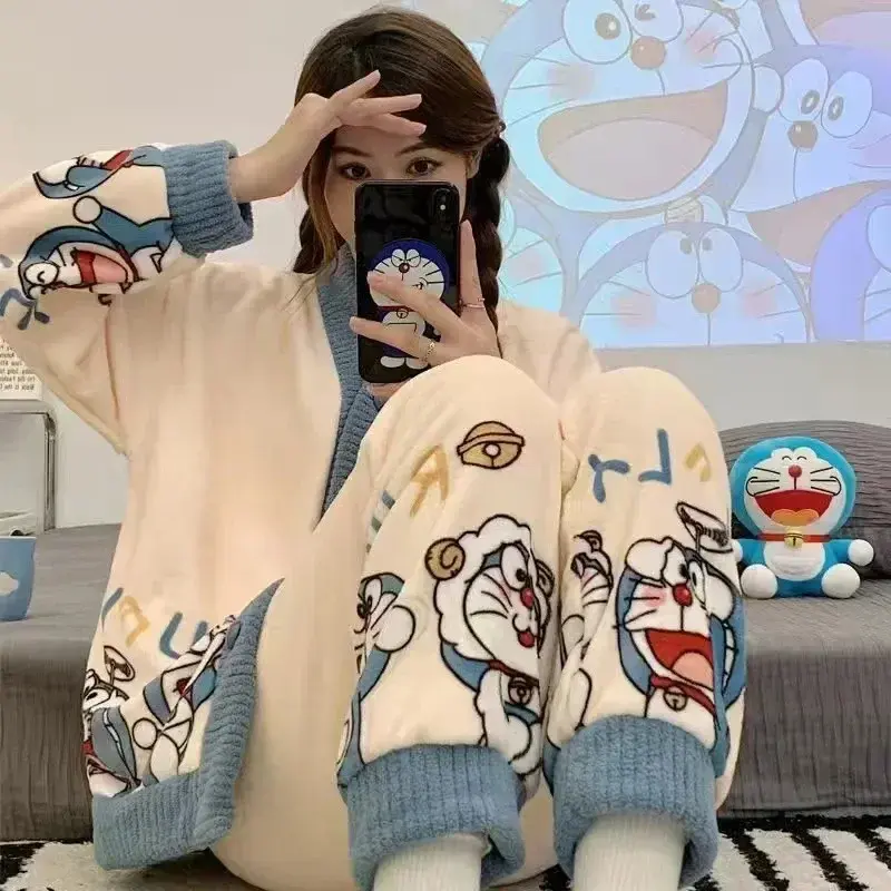 New Jingle Cat Flannel Thickened Home clothes Doraemon Coral Fleece Pajama Women's Autumn Winter Long Sleeve sleepwear