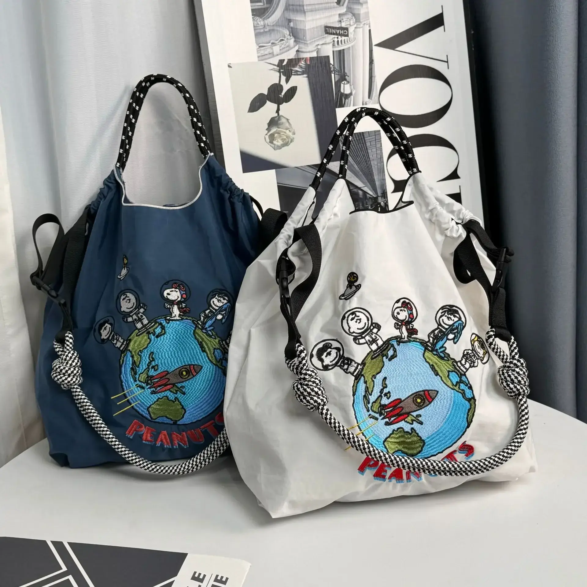 Snoopy Embroidered Nylon Shopping storage Bag Large Capacity Nylon Handbag messenger Shoulder Cross Body Bag