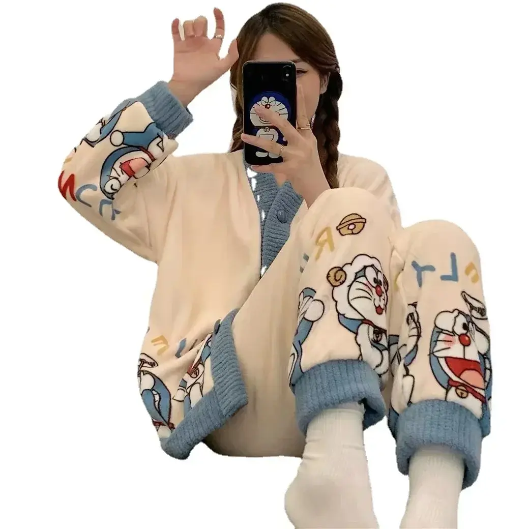 New Jingle Cat Flannel Thickened Home clothes Doraemon Coral Fleece Pajama Women's Autumn Winter Long Sleeve sleepwear