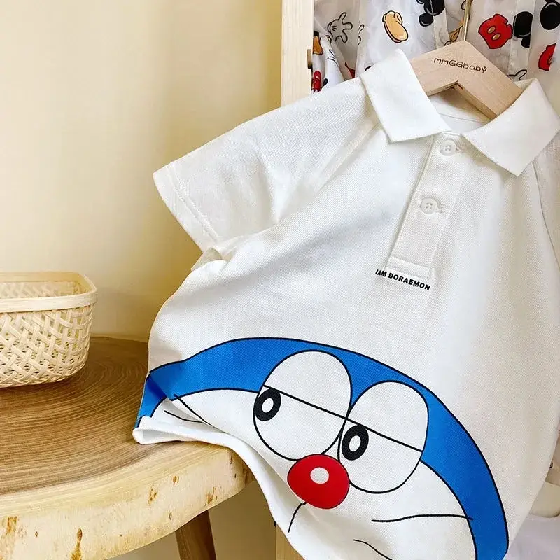 100% Cotton Kids Polo Shirt cartoon Short Sleeve Doraemon Summer boy T-Shirt children Top
