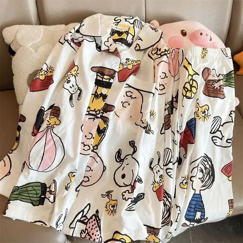Snoopy Spring Autumn Cute Cartoon Long Sleeve Japanese Cartoon Pajama Girl Boy  Pants Pajama Home Clothes sleepwear nightgown
