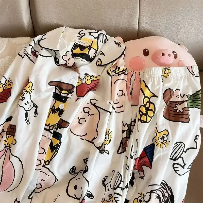Snoopy Spring Autumn Cute Cartoon Long Sleeve Japanese Cartoon Pajama Girl Boy  Pants Pajama Home Clothes sleepwear nightgown