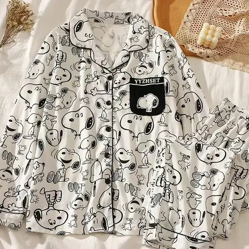 snoopy Cartoon Spring Autumn Pajamas Long Sleeve Pants Summer Milk Silk Warm Home Clothes sleepwear Men's Women's nightgown