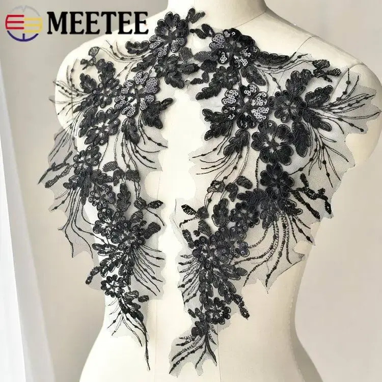 42*20cm 1Pair Embroidered Sequin Lace Trims Wedding Dress Bride Appliques Clothes Collar Sewing Patches Fabric DIY Accessories