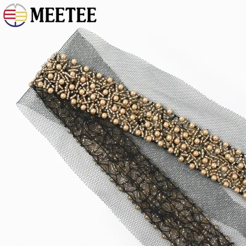 Meetee 1/2/3/4Yards 3cm Pearl Beaded Lace Trim Ribbon Wedding Dress Decoration Mesh Laces Fabric Applique DIY Sewing Accessories