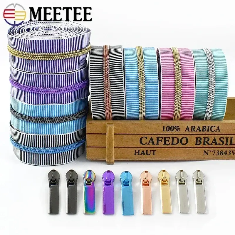 2/3/4/5Meters Meetee 5# Striped Nylon Zippers Tape for Sewing Bag Continuous Roll Coil Zip By the Meter DIY Garment Accessories