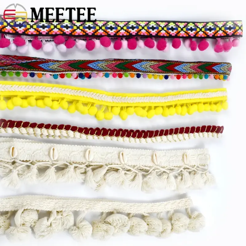 Meetee 2Yards White Cotton Tassel Lace Trim Ball Fringe Knitted Fabric Ribbon Beaded Handmade Craft Decor DIY Sewing Accessories