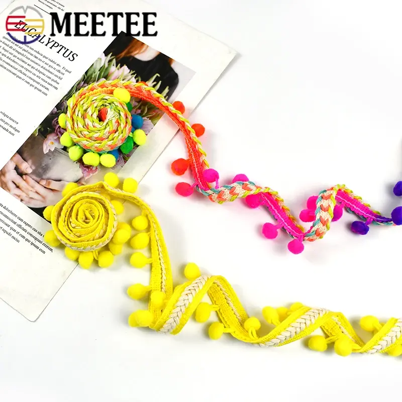 Meetee 2Yards White Cotton Tassel Lace Trim Ball Fringe Knitted Fabric Ribbon Beaded Handmade Craft Decor DIY Sewing Accessories