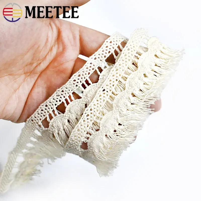 Meetee 2Yards White Cotton Tassel Lace Trim Ball Fringe Knitted Fabric Ribbon Beaded Handmade Craft Decor DIY Sewing Accessories