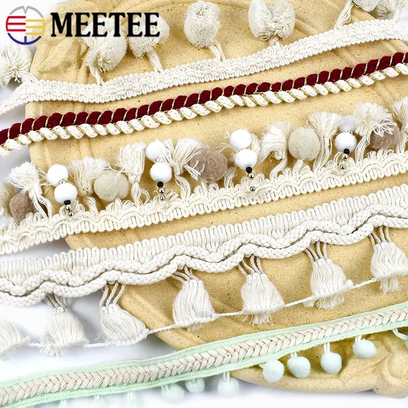 Meetee 2Yards White Cotton Tassel Lace Trim Ball Fringe Knitted Fabric Ribbon Beaded Handmade Craft Decor DIY Sewing Accessories