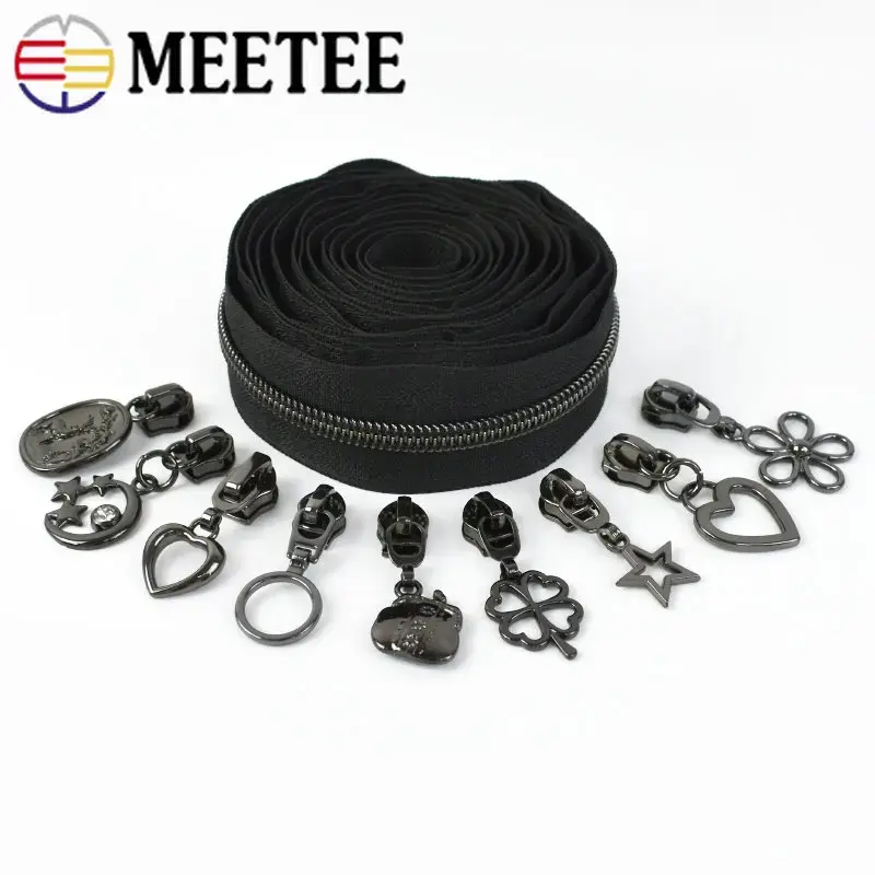 5# 2/4M GunBlack Nylon Zippers Tapes +Zipper Slider Head Bags Pocket Zip Pulls Wallet Plastic Zips Repair DIY Sewing Accessories