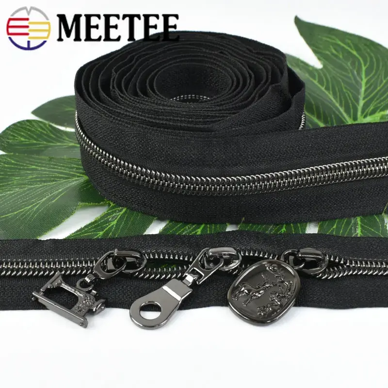 5# 2/4M GunBlack Nylon Zippers Tapes +Zipper Slider Head Bags Pocket Zip Pulls Wallet Plastic Zips Repair DIY Sewing Accessories