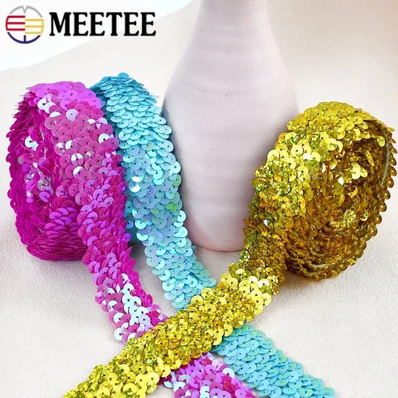 2/5/10Meters Meetee 30mm Sequin Lace Ribbon Stretch Fabric Laces Trim for Clothes Elastic Band DIY Sewing Decoration Accessories