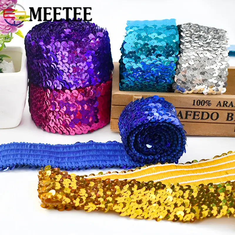 1/2/3/4/5M 75mm Sequins Lace Trim  Elastic Band For Dance Dress Decoration Ribbon Clothes Strech Webbing DIY Sewing Accessories