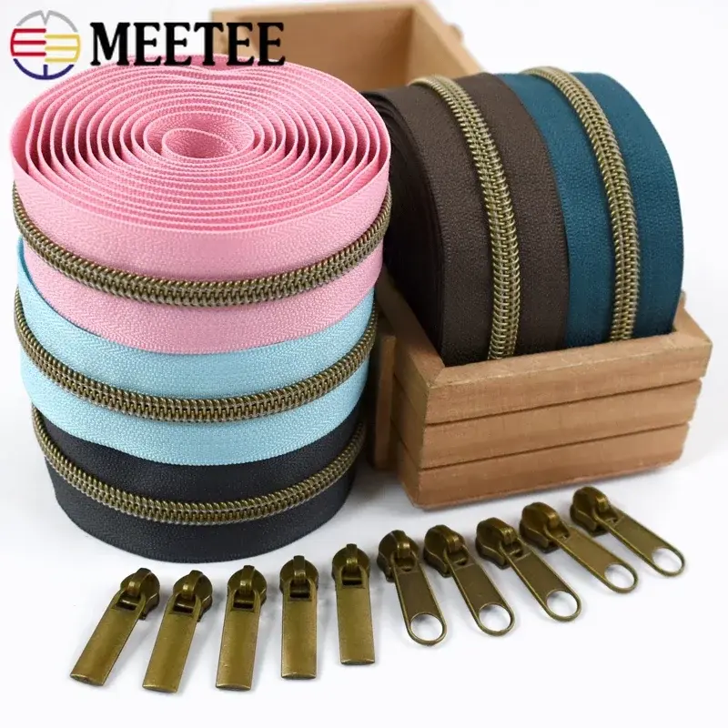 1-5Meters 5# Bronze Nylon Zippers Tape with Zipper Slider Head Plastic Coil Zips Clothing Decor Zip Repair Kits DIY Accessories