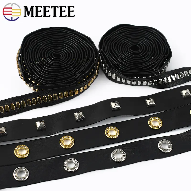 2/4/10M 10-20mm Black Rivets PU Leather Ribbon Tape Ropes Bag Strap Bracelet Cord Band Belt Decorative DIY Sewing Accessories