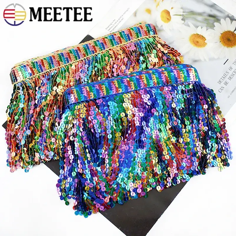 1/2/3Yards 16cm Rainbow Sequin Tassel Fringe Ethnic Beaded Lace Trim For Sewing Dance Skirt DIY Curtain Decoration Accessories