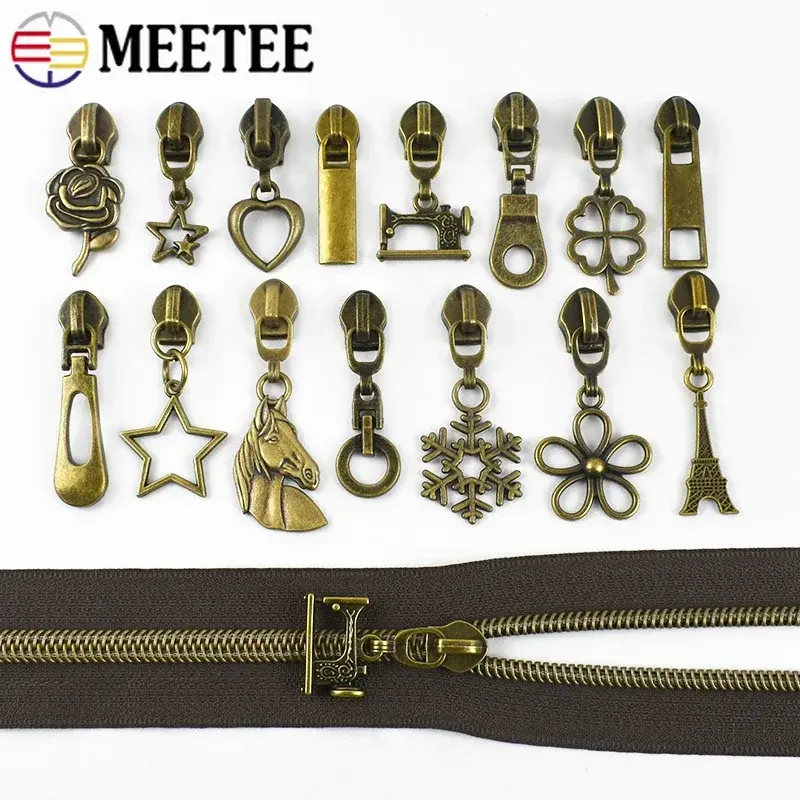 5# 1-5M Nylon Zippers Tape with Bronze Zipper Slider Head Plastic Coil Zips Bag Decor Zip Puller Closure Repair Sewing Accessory