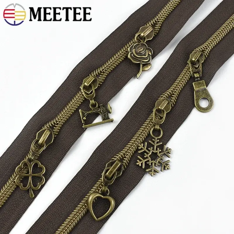 5# 1-5M Nylon Zippers Tape with Bronze Zipper Slider Head Plastic Coil Zips Bag Decor Zip Puller Closure Repair Sewing Accessory