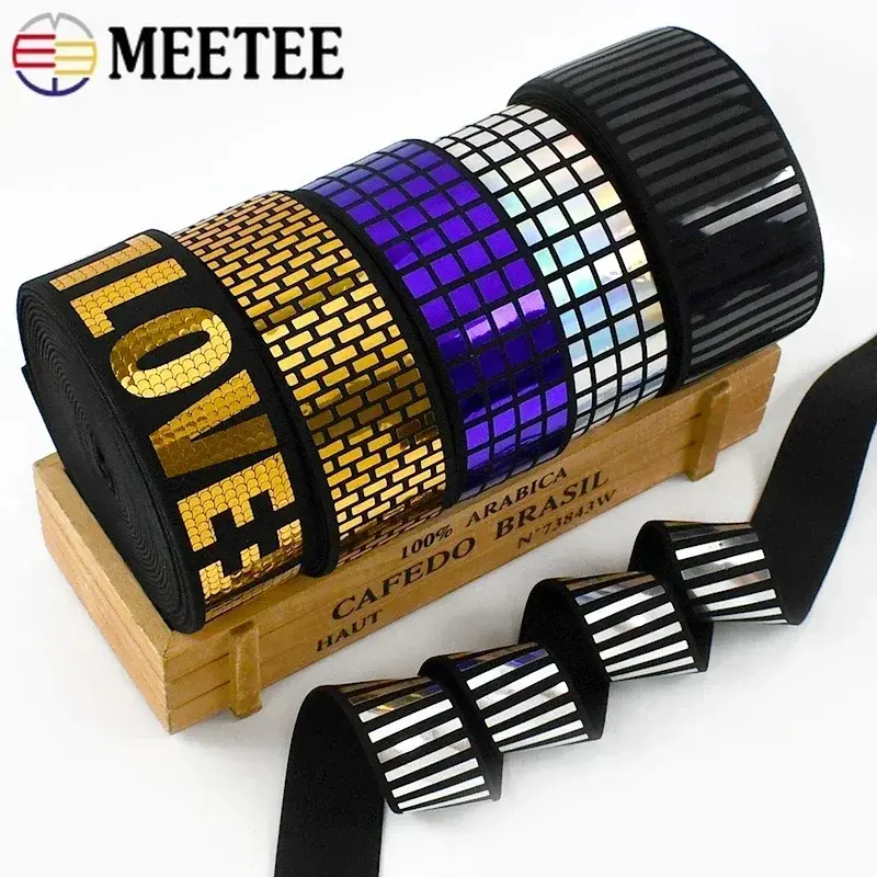 1/2/5Y Meetee 15-50mm Sequins Elastic Band Reflective Clothes Pants Belt Rubber Bands Trousers Elasticity Tape DIY Accessories