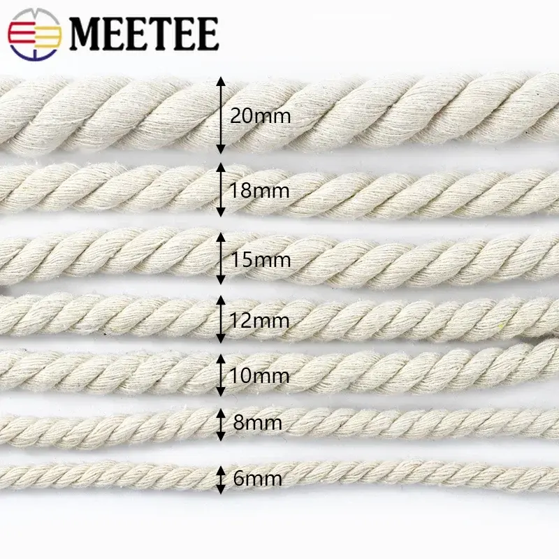 5/10M 6mm-20mm 3 Shares Twisted Cotton Rope for Bag Decoration Macrame Cords Home Textile Ropes DIY Textiles Sewing Accessories