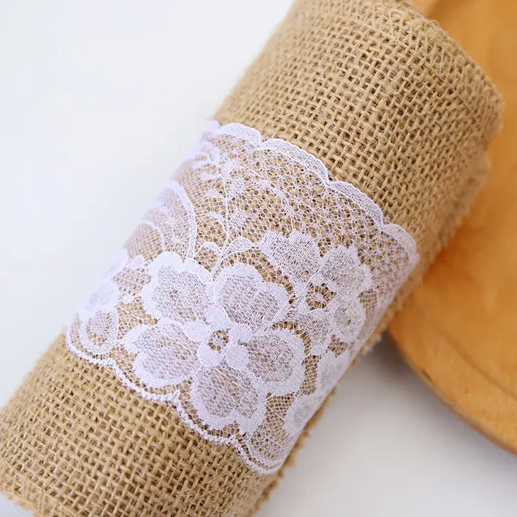15cmx240cm Jute Burlap Table Runner with Hollow Out Floral Embroidered White Lace Wedding Birthday Party Christmas Home Decor