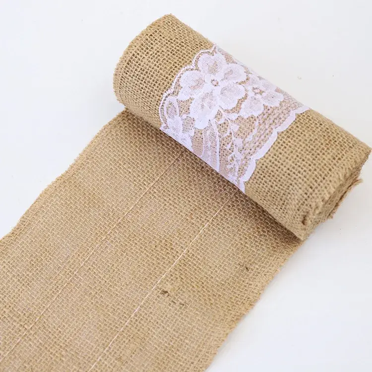 15cmx240cm Jute Burlap Table Runner with Hollow Out Floral Embroidered White Lace Wedding Birthday Party Christmas Home Decor