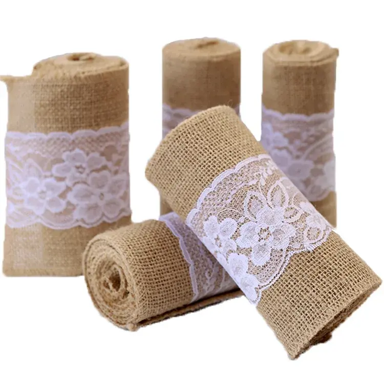 15cmx240cm Jute Burlap Table Runner with Hollow Out Floral Embroidered White Lace Wedding Birthday Party Christmas Home Decor