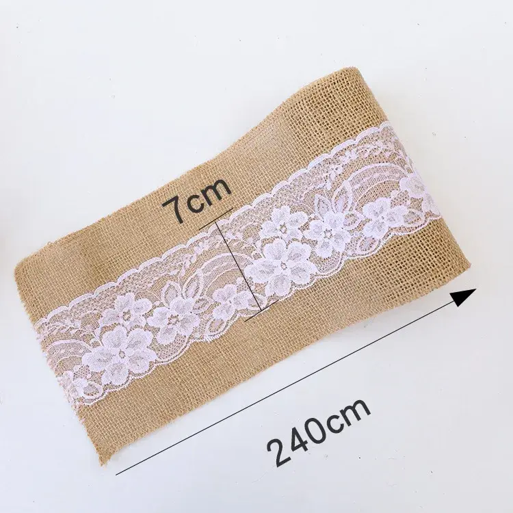 15cmx240cm Jute Burlap Table Runner with Hollow Out Floral Embroidered White Lace Wedding Birthday Party Christmas Home Decor