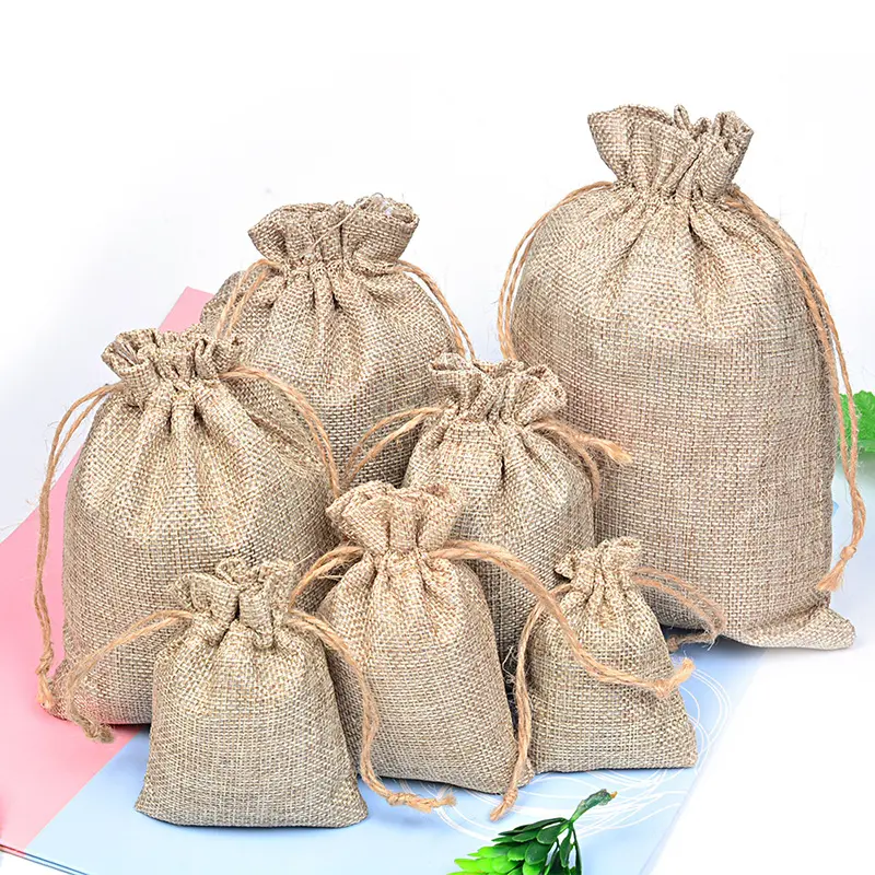 5pcs Jute Burlap Drawstring Bags Christmas Halloween Rustic Wedding Birthday Party Candy Chocolate Wrapping Bags Gift Box Bags