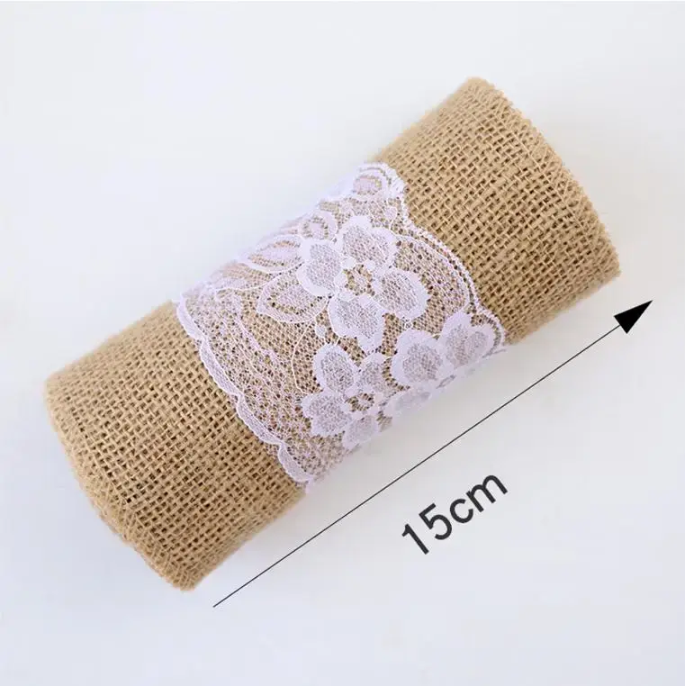 15cmx240cm Jute Burlap Table Runner with Hollow Out Floral Embroidered White Lace Wedding Birthday Party Christmas Home Decor