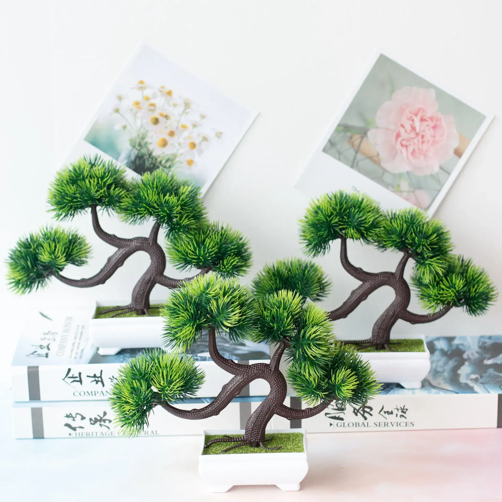 22x26cm 4Forks Grass Ball Artificial Pine Tree Potted Bonsai Home Living Room Office Hotel Desktop Decoration Green Fake Plants