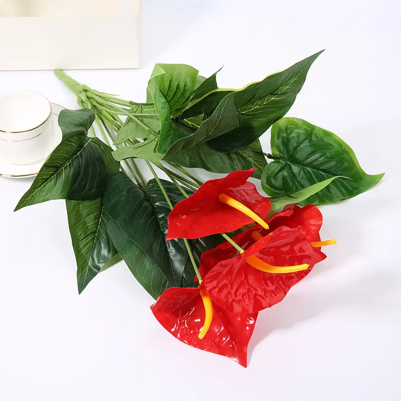 50cm 18Heads Artificial Anthurium Red Flowers Green Leaves Home Bedroom Living Room Balcony Decoration Fake Plants Flower Bonsai