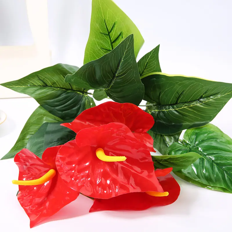 50cm 18Heads Artificial Anthurium Red Flowers Green Leaves Home Bedroom Living Room Balcony Decoration Fake Plants Flower Bonsai