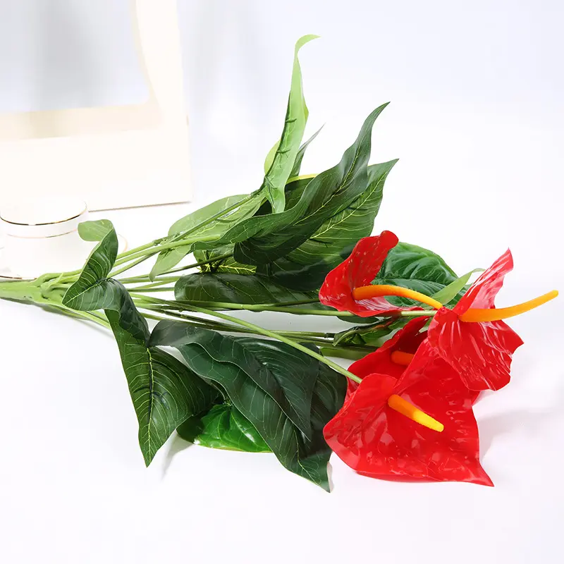 50cm 18Heads Artificial Anthurium Red Flowers Green Leaves Home Bedroom Living Room Balcony Decoration Fake Plants Flower Bonsai