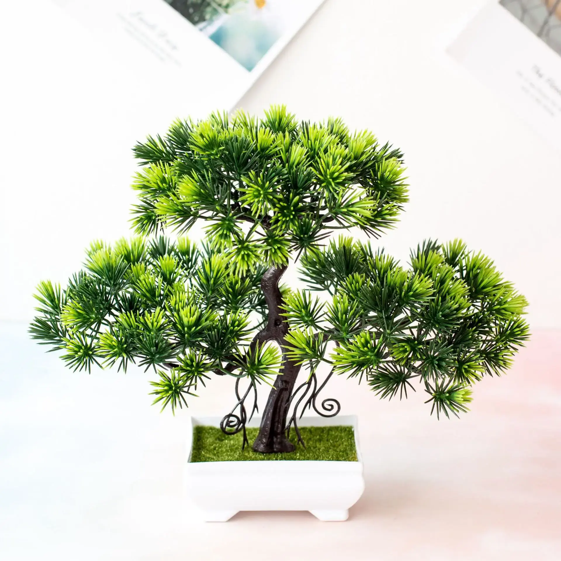 26cm Green Artificial Guest Greeting Small Tree Potted Bonsai Home Garden Bedroom Desktop Hotel Party Decor Fake Plants Bonsai