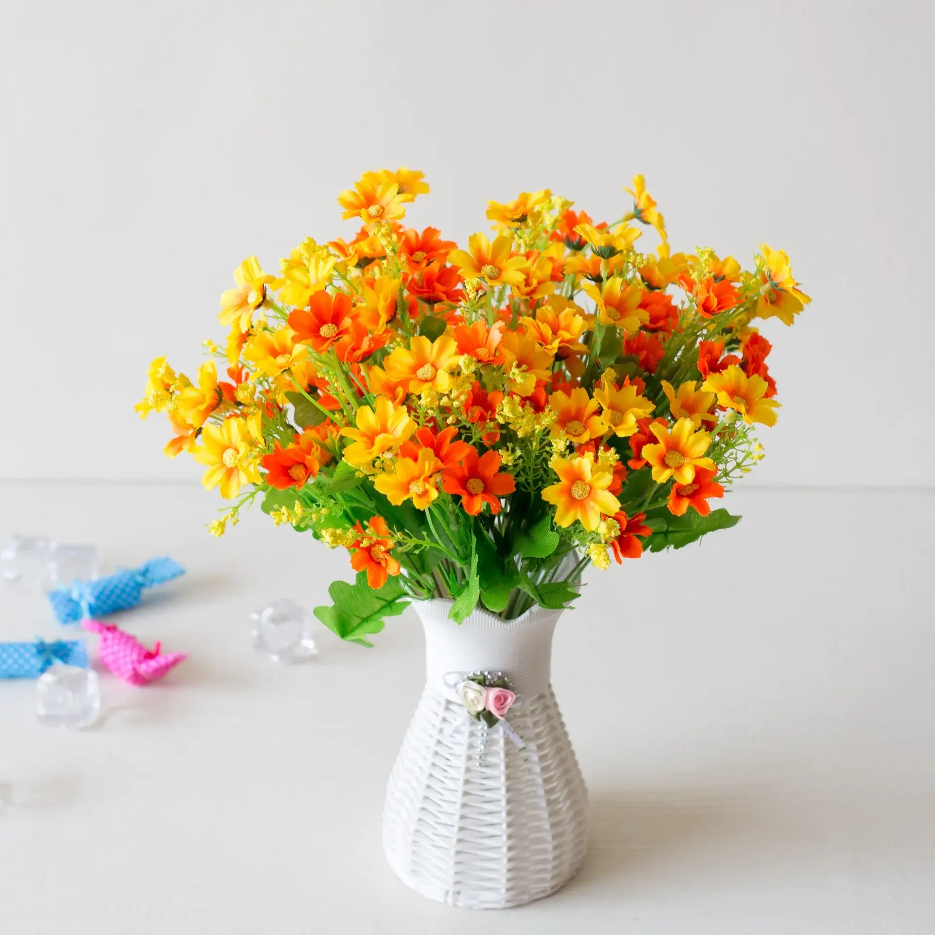 31cm 28Heads Artificial Mini Gerbera Flower Branch Wedding Birthday Party Home Living Room Desktop Decor Daisy Fake Flowers