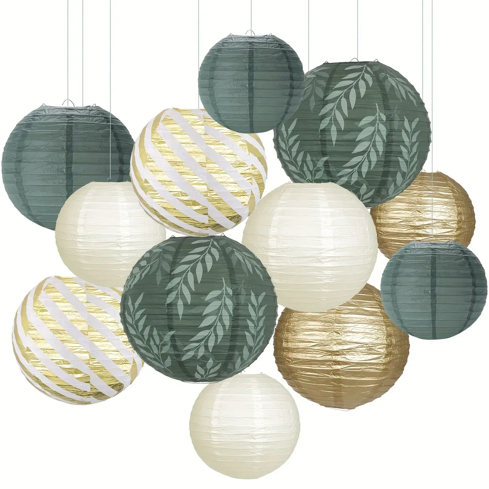 6/10/12/15pcs Round Paper Lanterns Set Gold Ivory Sage Green Wedding Birthday Party Decor Hanging Pompom Crafts Ornament