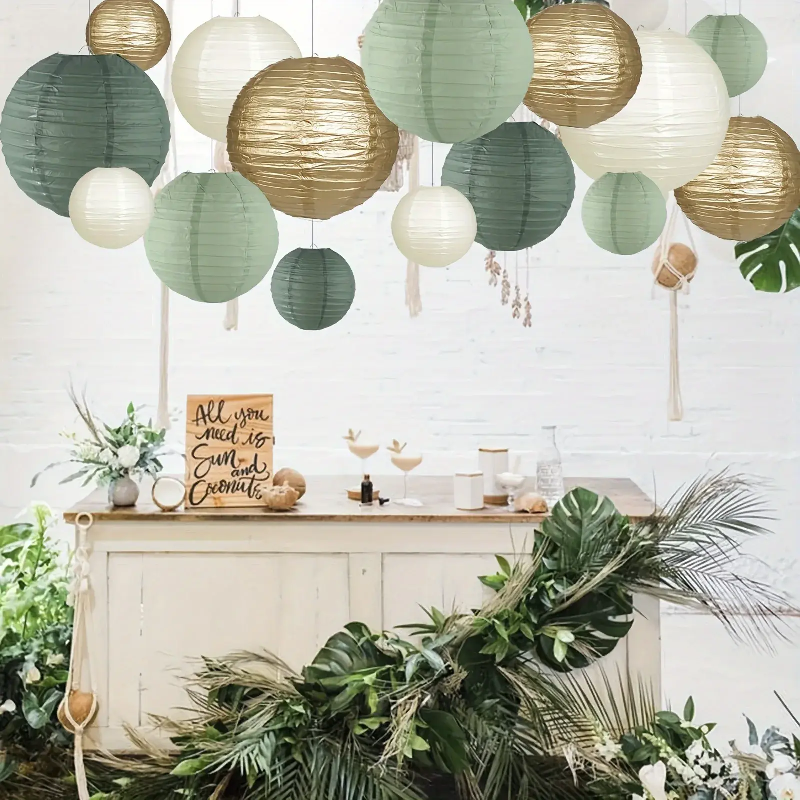 6/10/12/15pcs Round Paper Lanterns Set Gold Ivory Sage Green Wedding Birthday Party Decor Hanging Pompom Crafts Ornament