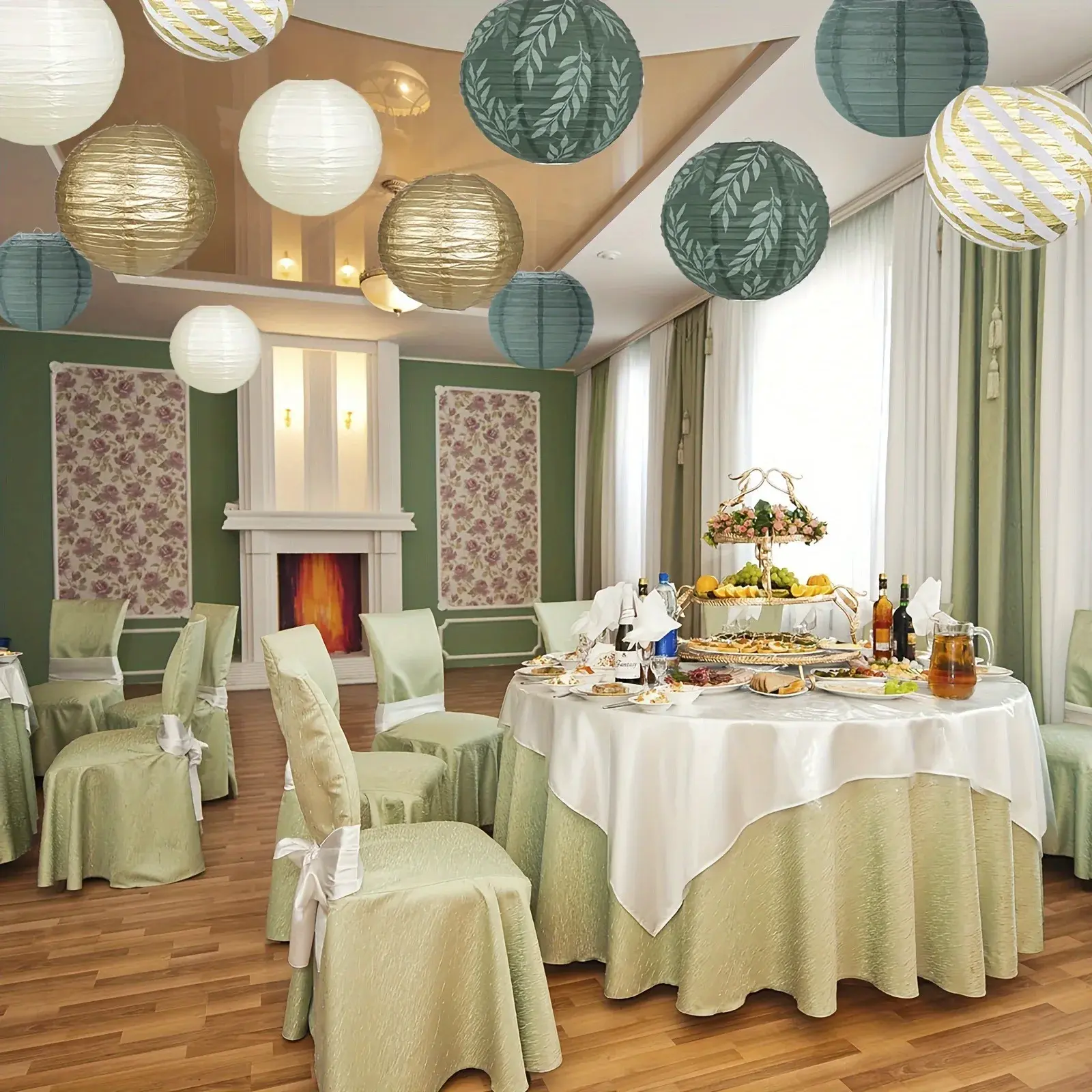 6/10/12/15pcs Round Paper Lanterns Set Gold Ivory Sage Green Wedding Birthday Party Decor Hanging Pompom Crafts Ornament