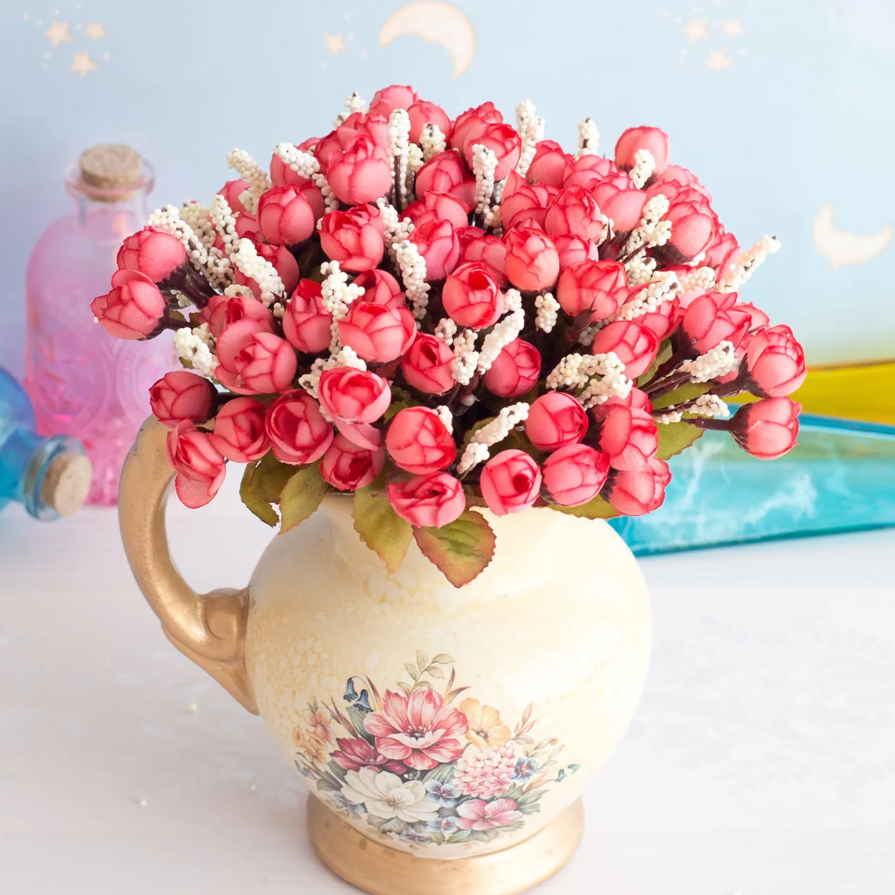24cm 5Forks 15Heads Artificial Mini Roses Flower Branch Christmas Halloween Wedding Birthday Party Flower Bouquet Home Ornament