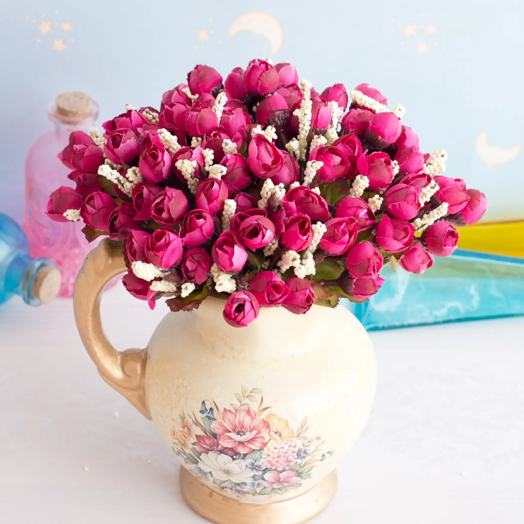 24cm 5Forks 15Heads Artificial Mini Roses Flower Branch Christmas Halloween Wedding Birthday Party Flower Bouquet Home Ornament