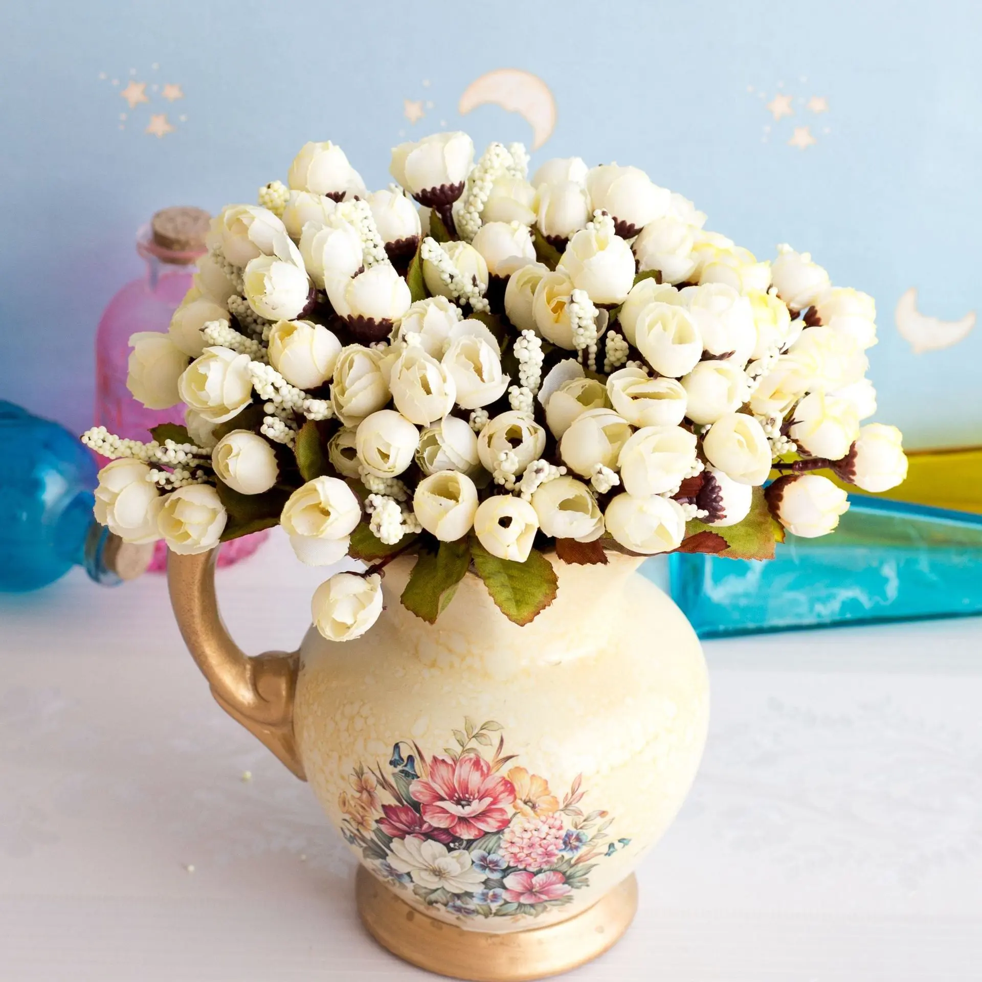 24cm 5Forks 15Heads Artificial Mini Roses Flower Branch Christmas Halloween Wedding Birthday Party Flower Bouquet Home Ornament
