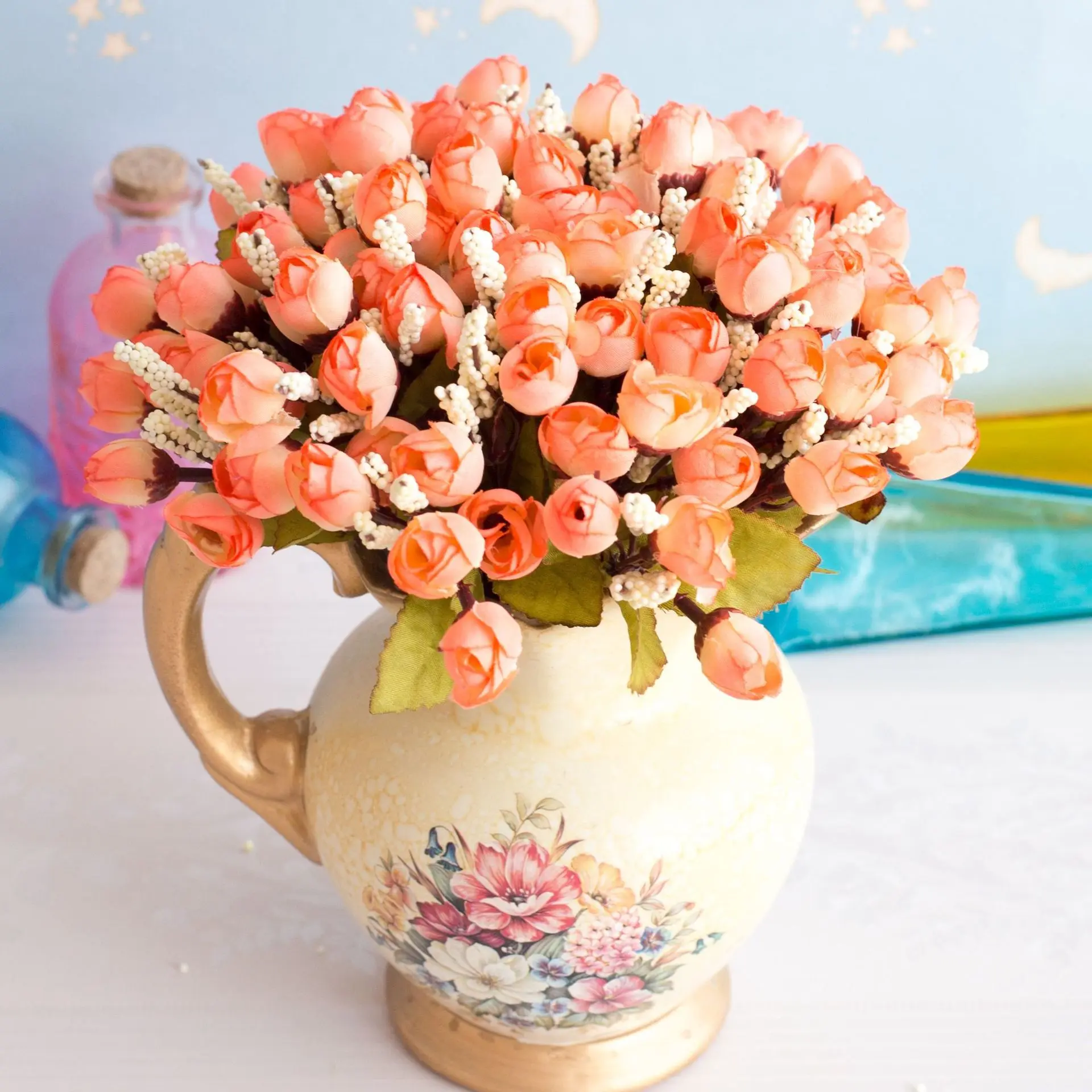 24cm 5Forks 15Heads Artificial Mini Roses Flower Branch Christmas Halloween Wedding Birthday Party Flower Bouquet Home Ornament