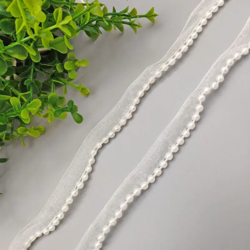 5Meters/Lot 1.2cm Chiffon Lace Ribbon with Fake Pearl DIY Apparel Sewing & Fabric Beaded White Lace Trimming Garment Tape