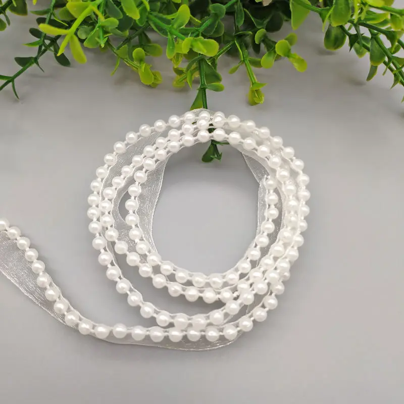 5Meters/Lot 1.2cm Chiffon Lace Ribbon with Fake Pearl DIY Apparel Sewing & Fabric Beaded White Lace Trimming Garment Tape